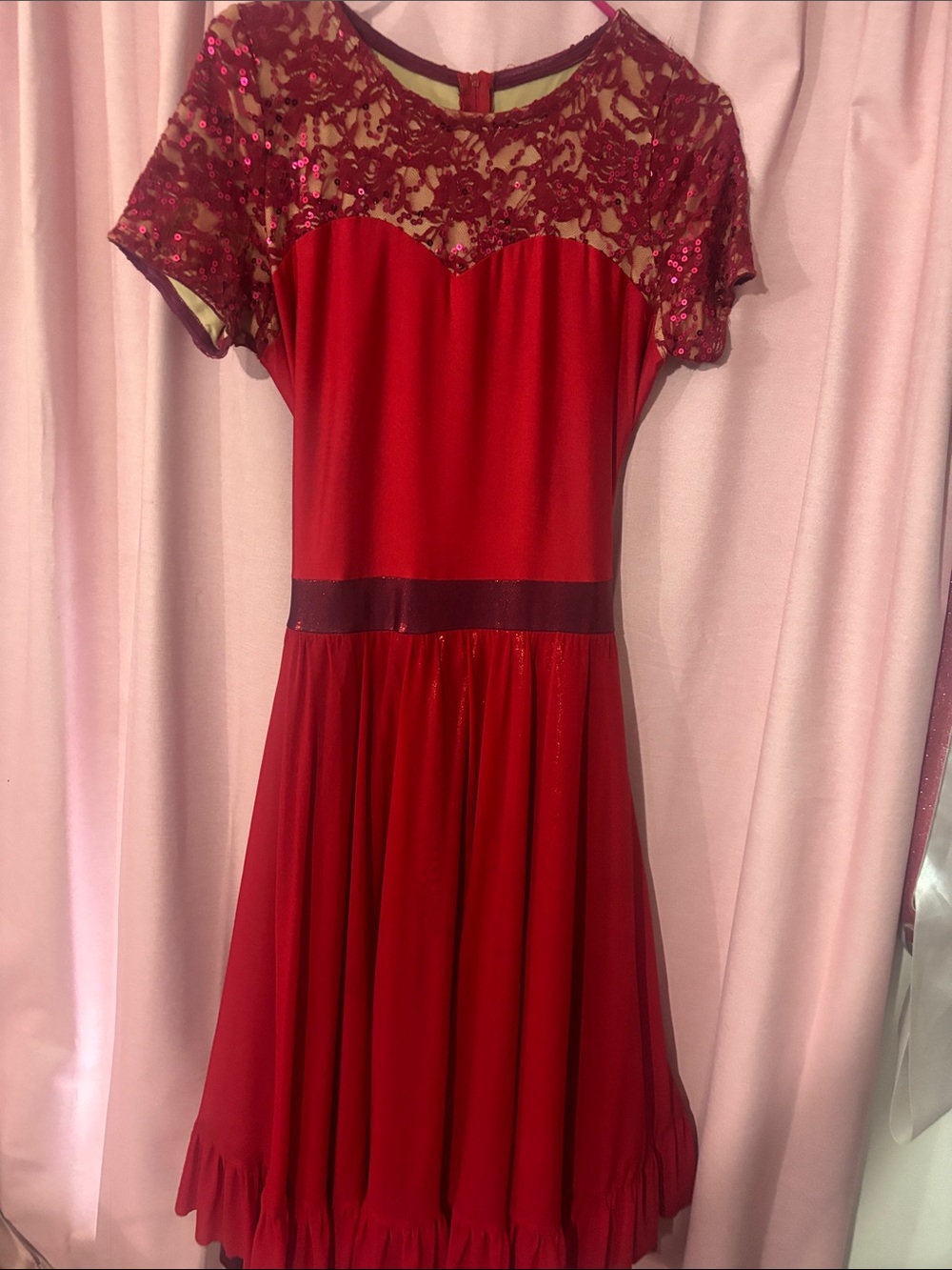 Girls' Red Sequin Lace Yoke Dance Dress